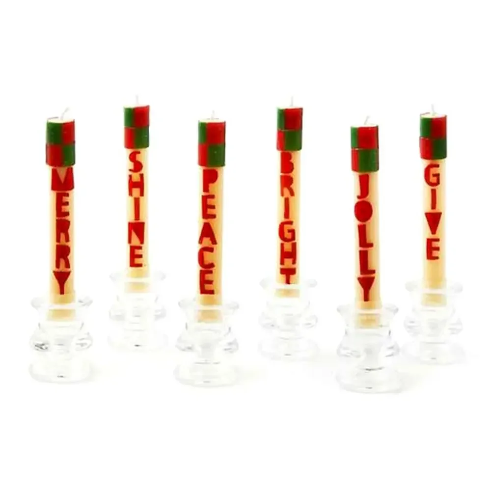 MACKENZIE-CHILDS Merry & Bright Mini Dinner Candles Set of 6 Holiday Decor NEW